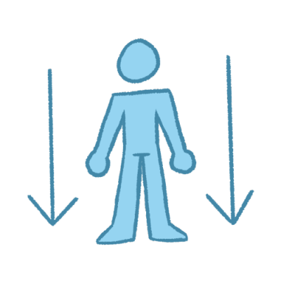 a featureless light blue person standing with an arrow pointing downwards on either side of them. 